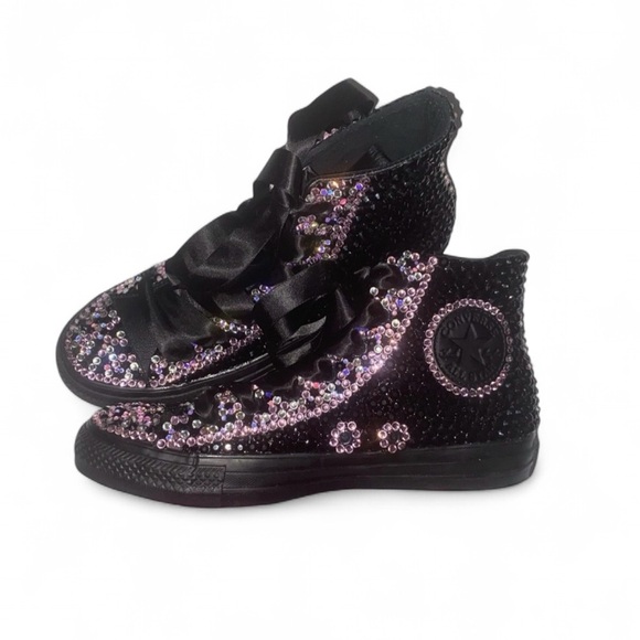 Jet Black & Pink Crystal High Top Converse Sizes 5-14 New In Box - Picture 1 of 13